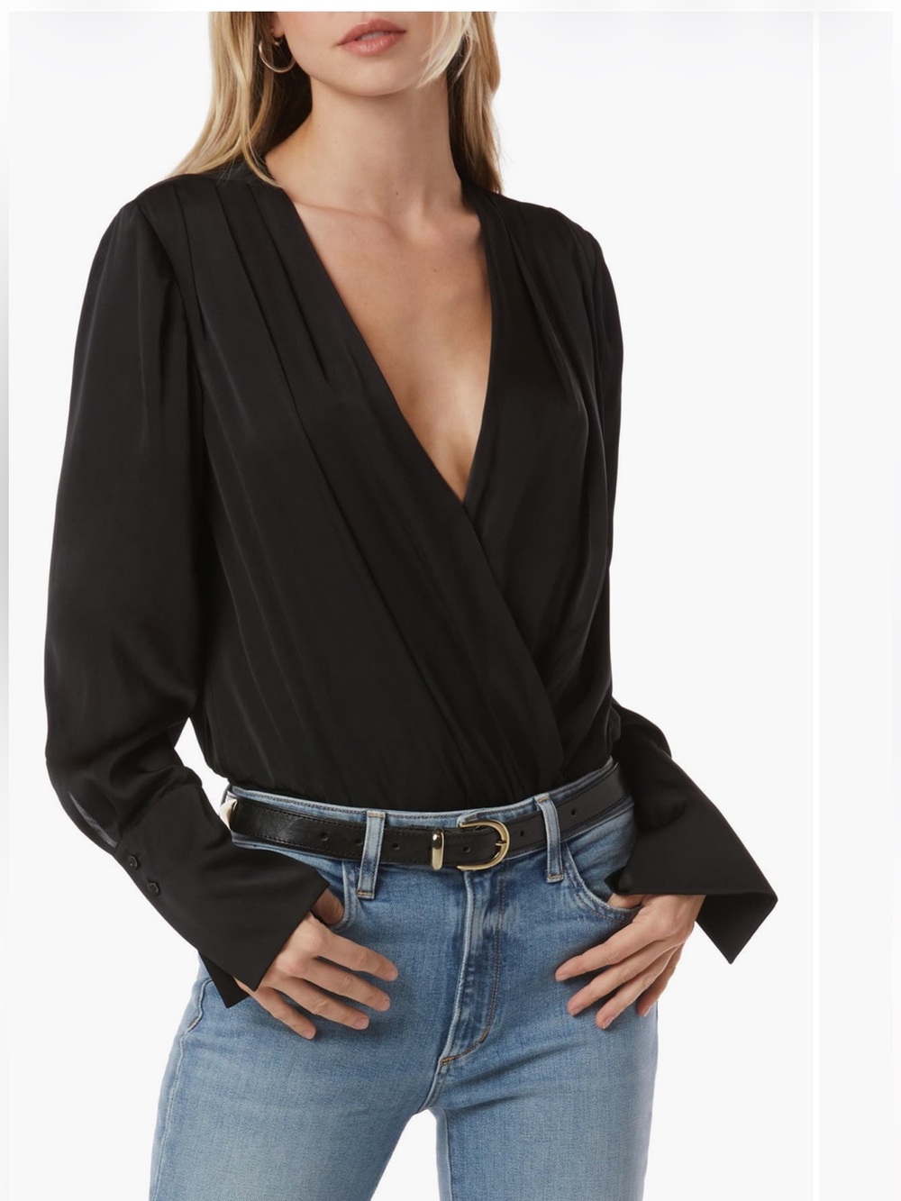 Favorite Daughter “The Date Blouse” satin bodysuit Medium M Black